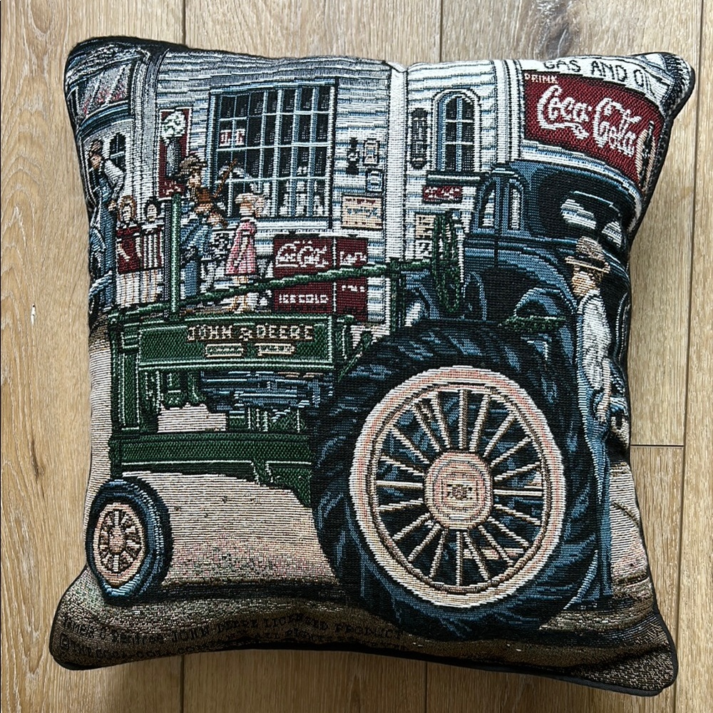 Vintage Coca Cola John Deere Tapestry Throw Pillow 16in x 14in Tractor